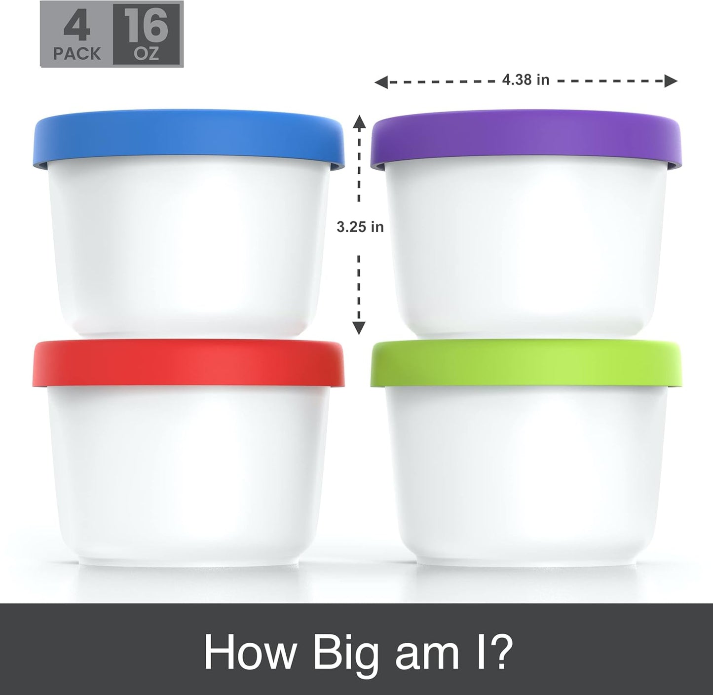 BALCI - 16oz Ice Cream Containers with Silicone Lids (Set of 4) - 1 Pint Each Freezer Food Storage Containers, Reusable, LeakProof, For Homemade IceCream Containers - Blue, Red, Green, Purple