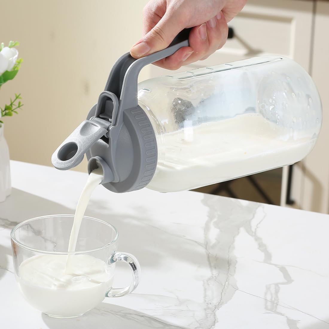 Glass Tea Pitcher with Wide Mouth Airtight Lid Leak Proof Fridge Container with Gray Lid Mason Jar for Water, Tea,Juice and Drinks (1 Pack-64OZ)