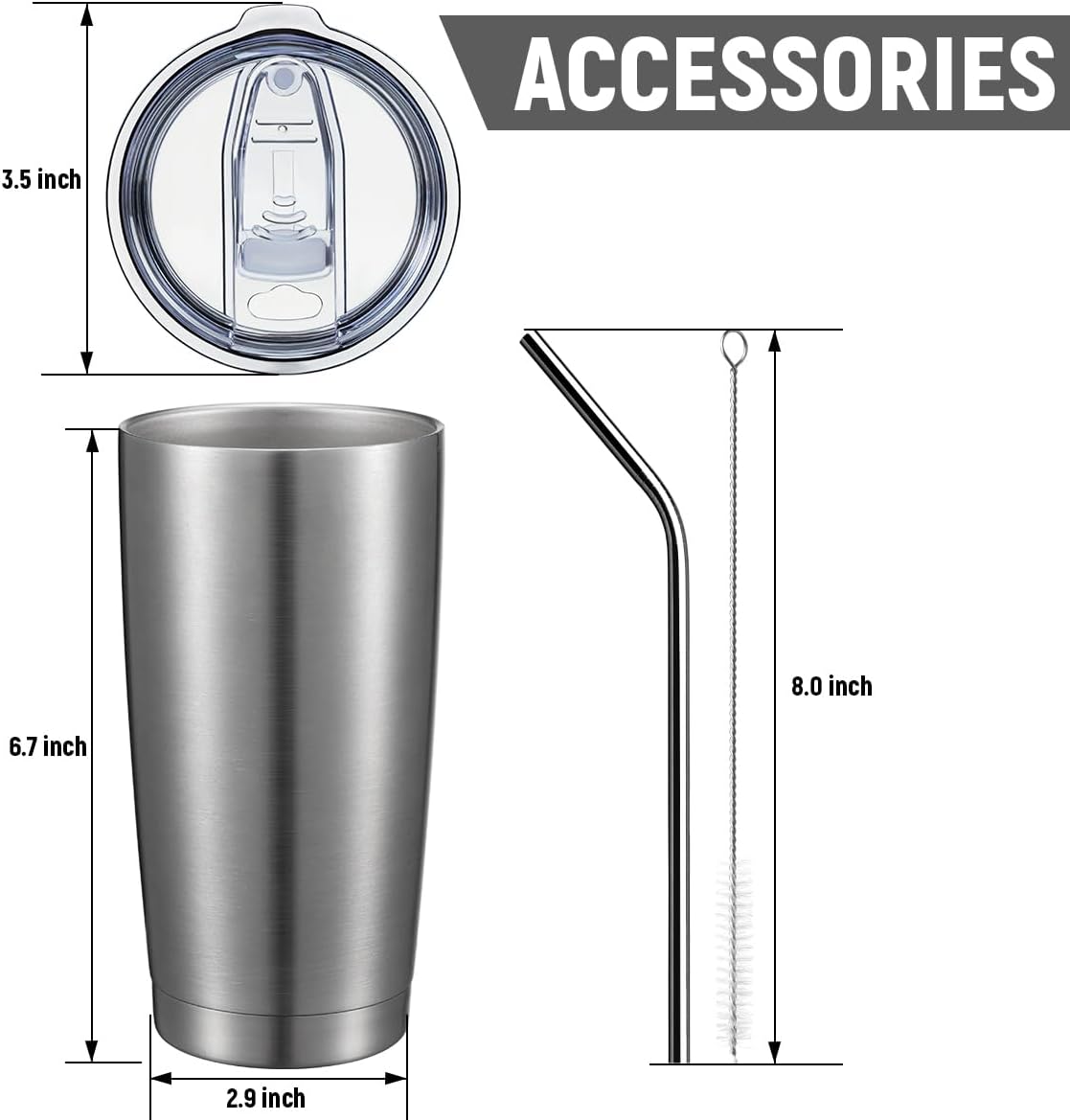 COMOOO 20oz Tumbler with Straw Stainless Steel Insulated Coffee Tumbler Cups Double Wall Vacuum Travel Coffee Mug with Splash Proof Sliding Lid for Hot Cold Drinks (Silver, 1 Pack)