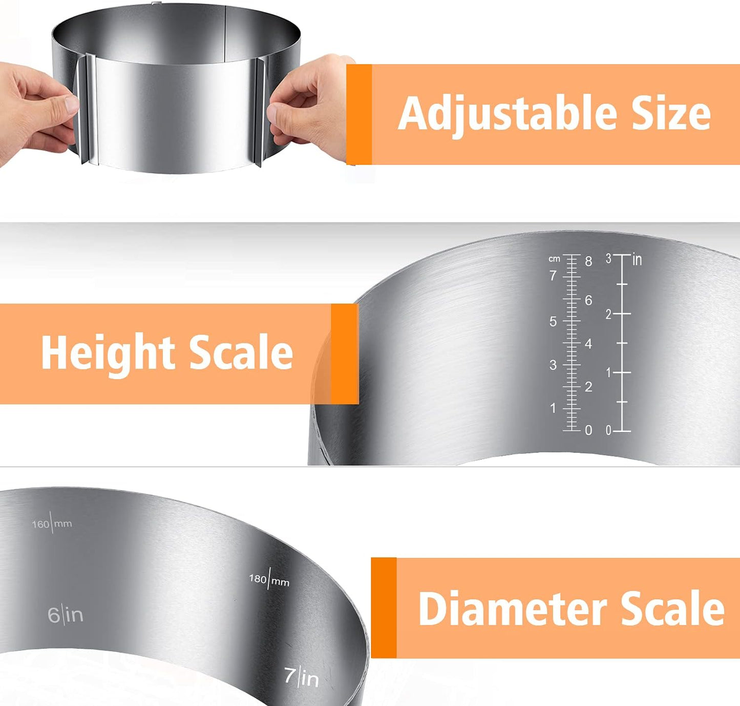 iNeibo Cake Ring and Cake Collar Set, 6 to 12 Inch Adjustable Cake Mousse Mould Set with 6inch Clear Cake Roll, Stainless Steel Pastry Ring, Mousse Ring, Ring Mold for Baking