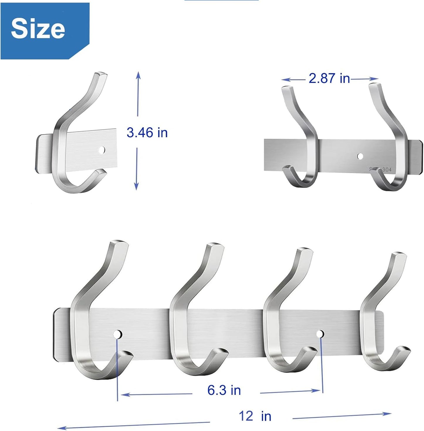 Wall Hooks Heavy Duty, 12 Inch Coat Rack Wall Mount with 4 Hooks, Silver Wall Hooks for Hanging Backpack, Bag, Purse, Clothes, Hat, Coat, Towel | Entryway & Bathroom Storage Organization Hanger