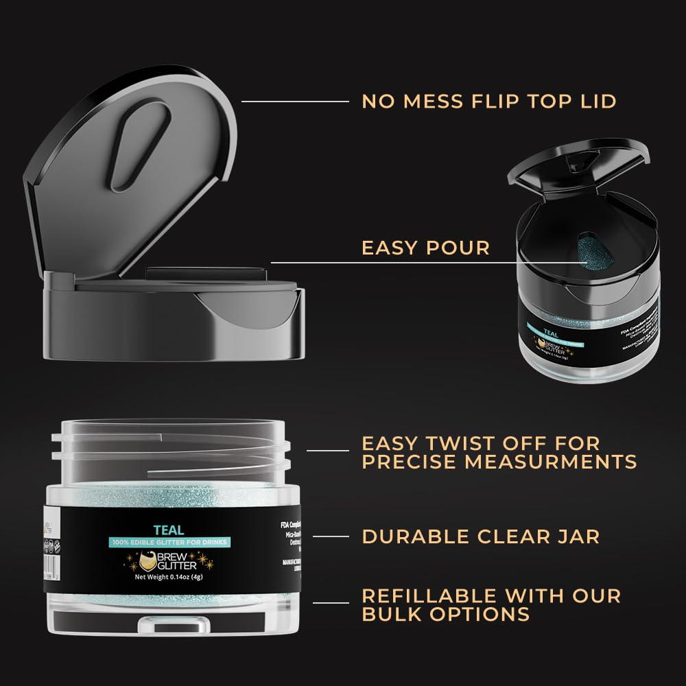 Brew Glitter Teal Edible Drink Glitter 1x 4g Jar for Cocktails, Beer, & Beverages