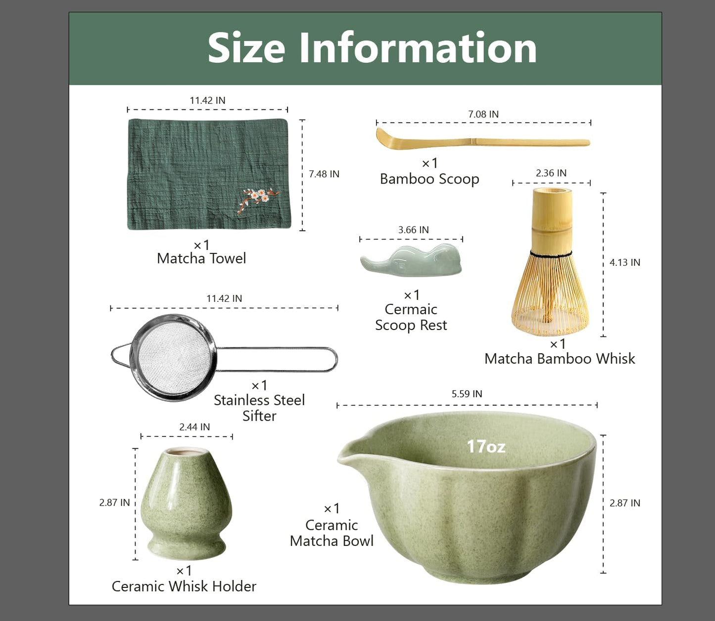 Matcha Kit, 7 Pcs Japanese Matcha Whisk Set Includes Matcha Bowl with Spout, Bamboo Whisk, Chasen Holder, Stainless Sifter, Scoop and Rest, Tea Towel, Matcha Tea Set Gift for Family/Friend
