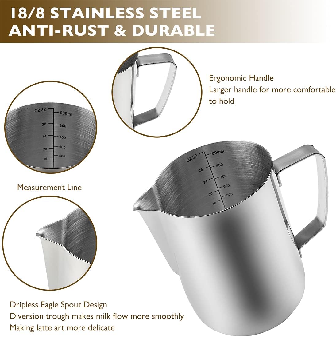 CAMKYDE Stainless Steel Milk Frothing Pitcher 32 oz, Espresso Steaming Pitcher with Decorating Pen for Espresso Machines, Cappuccino, Latte Art A Silver
