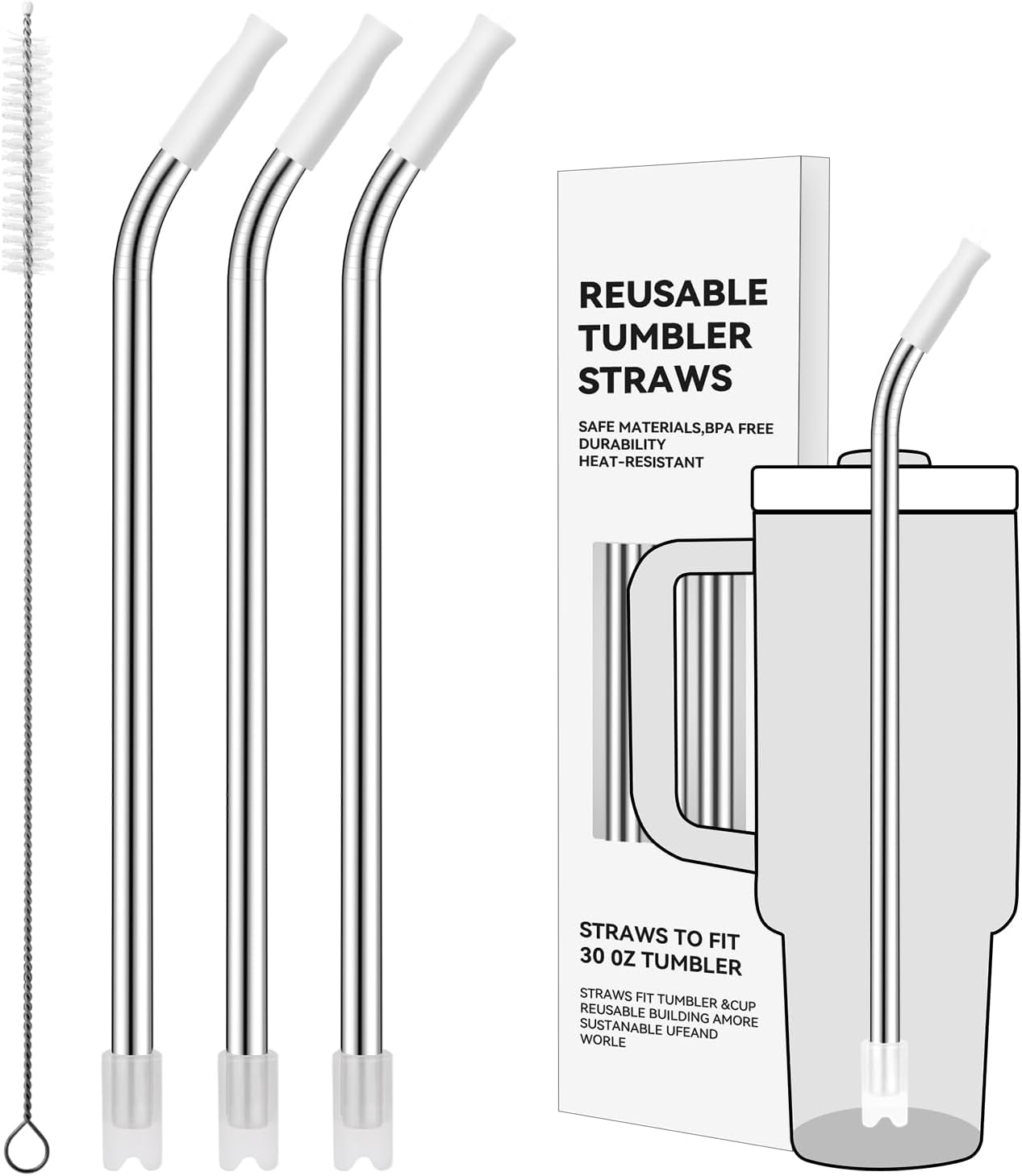 Reusable Stainless Steel Straws with Silicone Tip for Stanley 30oz, Metal Drinking Straws for 30oz Tumbler,3 Bent Tubes & 6 Tips& 1 Cleanr Brush (White)