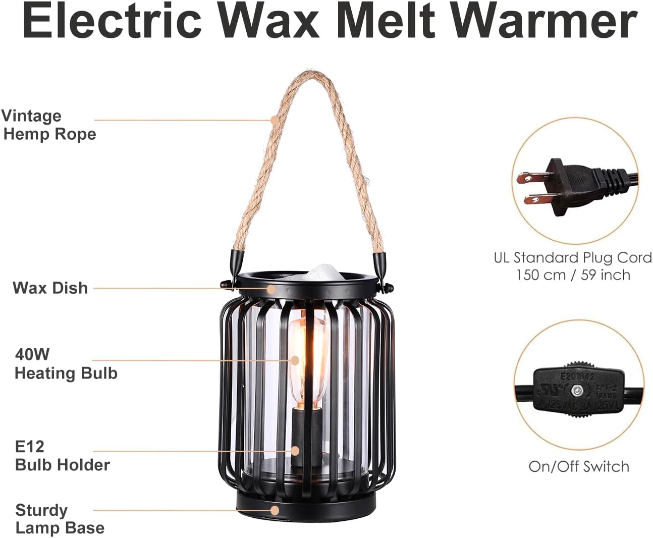Electric Wax Warmer,Metal Wax Warmer,Rustic Candle Wax Burner for Aromatherapy Wax, Oil Burner,Fragrance,Home Decoration, Gifts (Lanterns), Black, HLBULB-002