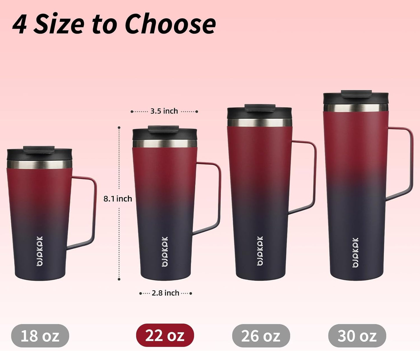 BJPKPK Insulated Tumbler with Handle, 22oz Insulated Tumblers with Lid and Straw, Stainless Steel Metal Water Bottles, Coffee Travel Mugs, Cups, Charming Red