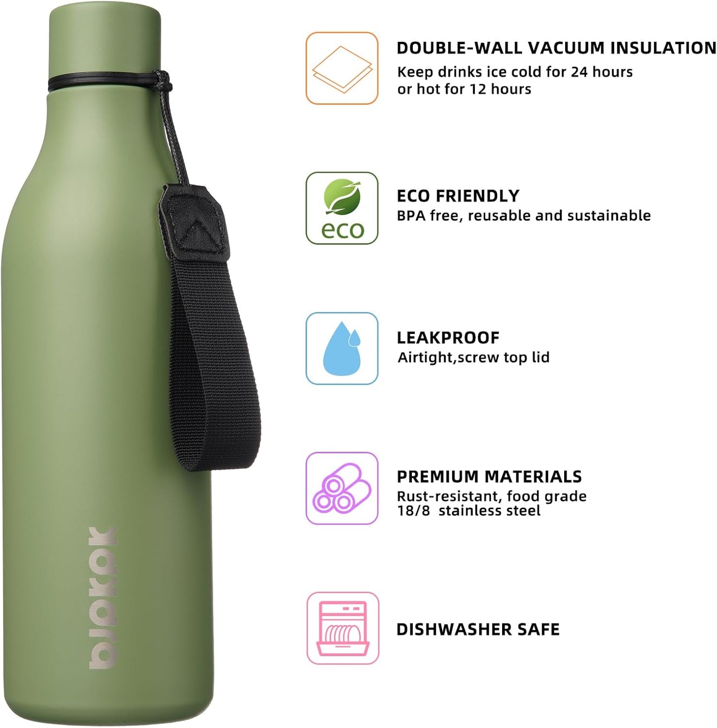 BJPKPK Insulated Water Bottles, 25 oz Stainless Steel Metal Water Bottle with Strap, BPA Free Leak Proof Thermos, Mugs, Flasks, Reusable Water Bottle for Sports & Travel, Forest Green