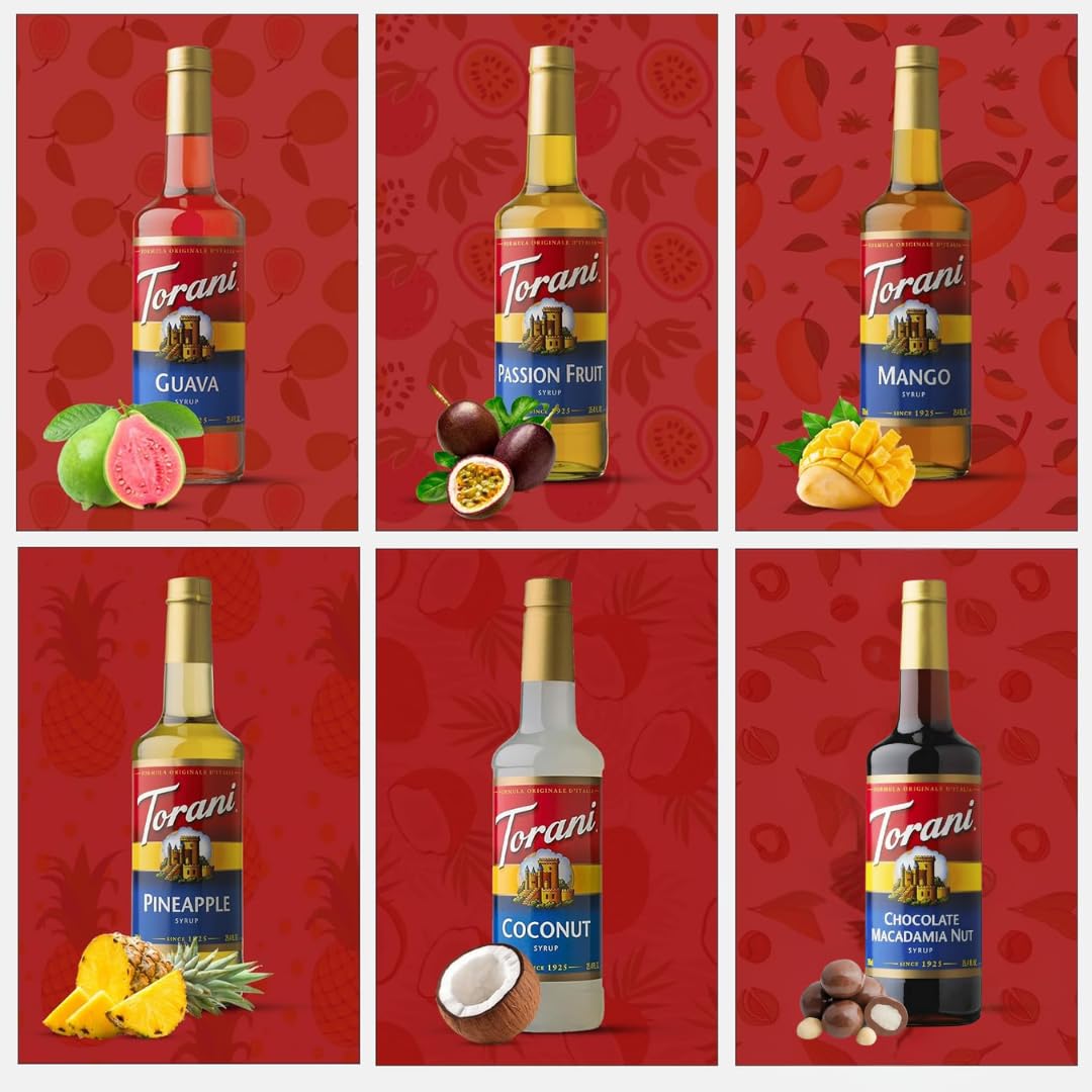 Summer Variety Syrup 6 Pack - Chocolate Macadamia Nut, Pineapple, Coconut, Mango, Guava & Passion Fruit Syrups For Coffee,Italian Soda, Lattes, Frappes With 6 Jimoco Pump Dispensers