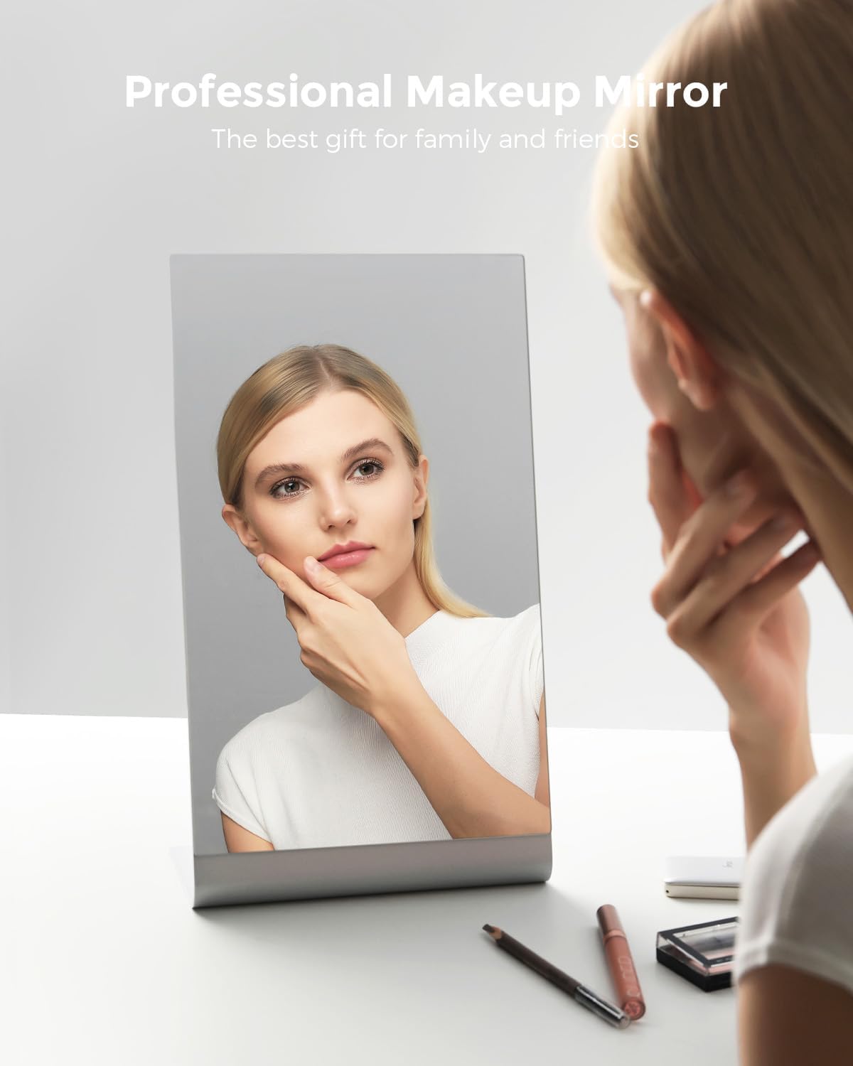 Frameless Makeup Mirror for Desk, 15 Inch Aluminum Standing Table Mirror, Large Counter Top Mirror