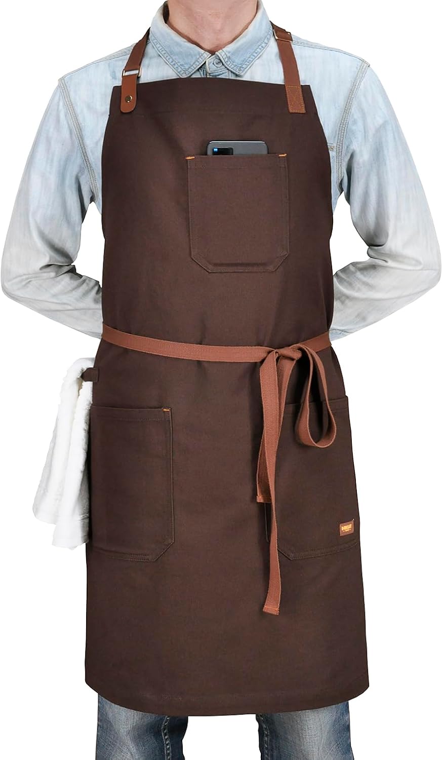 Chef Bib Apron with Pockets Professional Kitchen Cooking Grill BBQ Apron for Men Women, with Pockets Towel Loop and Adjustable Neck Strap (Brown)