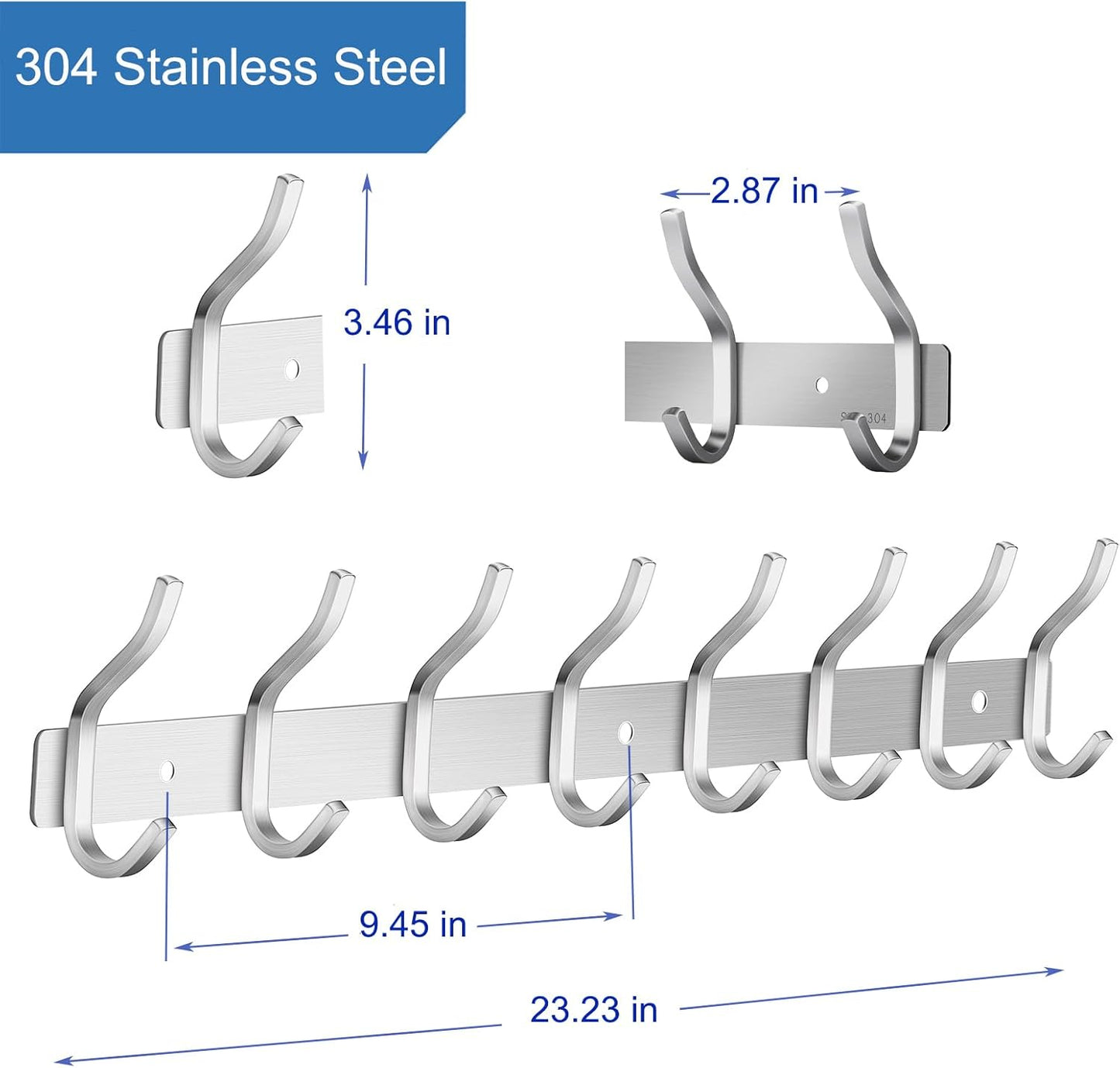 Wall Hooks Heavy Duty, 23 Inch Coat Rack Wall Mount with 8 Hooks, Silver Wall Hooks Hangers for Entryway, Bathroom - for Hanging Backpack, Bag, Coat, Purse, Hat, Towel, Clothes,2 Packs