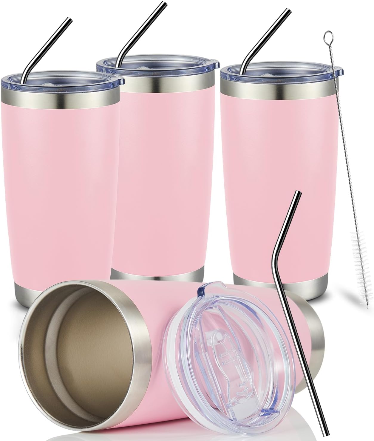 COMOOO 20oz Tumbler Bulk Double Wall Vacuum Insulated Travel Mug, Stainless Steel Tumbler with Lid and Straw Durable Powder Coated Insulated Coffee Cup for Cold & Hot Drinks (pink, 4 pack