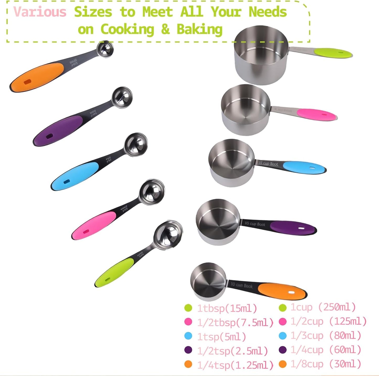 Inmorven 10pcs Measuring Cups and Spoons Set, Nesting Kitchen Stainless Steel Measuring Set for Baking Cooking Dry Liquid Ingredients Upgraded Thickness Handle
