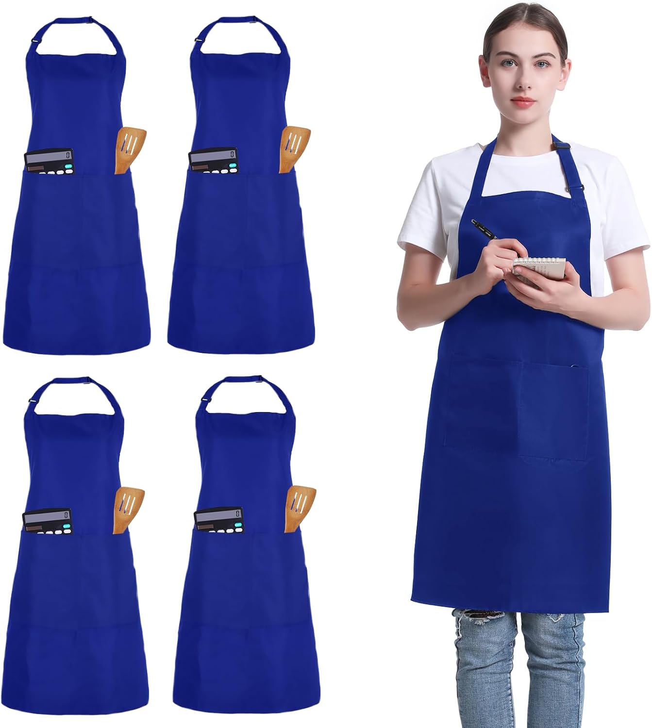 4 Pack Chef Apron, Adjustable Apron with 2 Pockets, Unisex Personalised Apron for Cooking, Kitchen, Restaurant