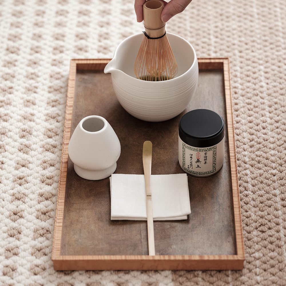 WENSHUO Matcha Whisk Set, Ceramic Matcha Bowl & Whisk Holder, Bamboo Accessory, Modern Design (Matte White, Pouring Spout)