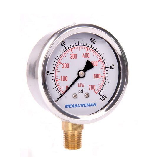 MEASUREMAN 2-1/2" Dial Size, Glycerin Filled Pressure Gauge, 0-100psi/kpa, 304 Stainless Steel Case, 1/4" NPT Lower Mount