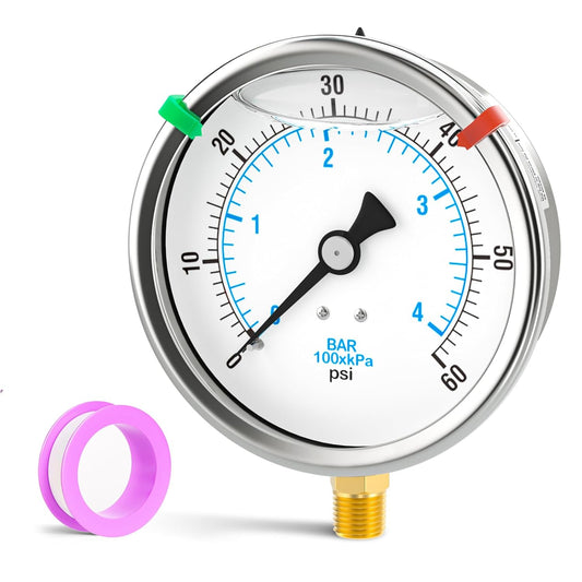0-60PSI Stainless Steel Liquid Filled Pressure Gauge, 4" Dial Size, 1/4" NPT Lower Mount, for Tube, Water Pump, Gas, Liquid, Pressure Test (with Range Mark Pointer)
