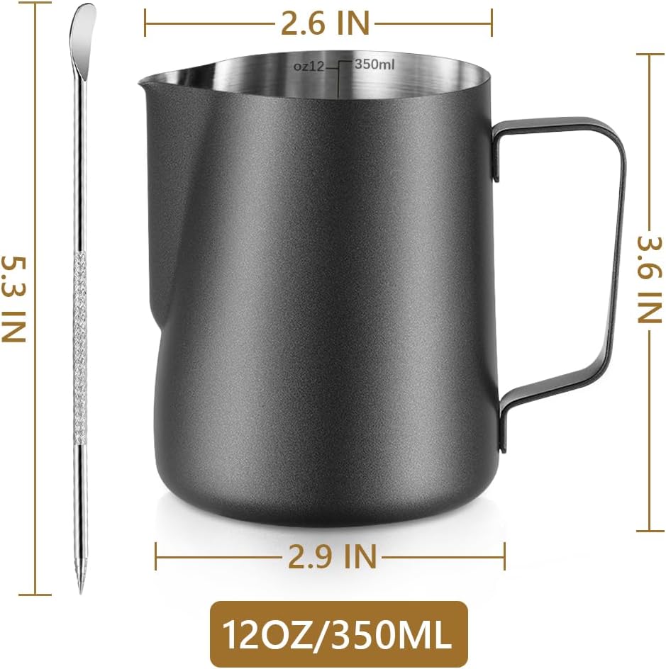 Frothing Milk Pitcher, 12 oz/350 ml Stainless Steel Frothing Milk Jug with Latte Art Pen,with Internal Measurements, for Cappuccino, Espresso and More