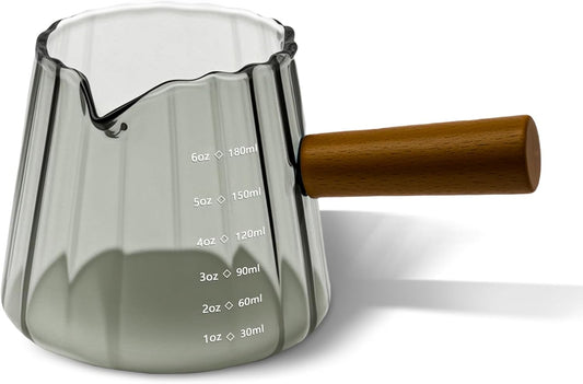 Espresso Measuring Cup 6 Oz, Espresso Glass Cups with Wood Handle, Milk Frothing Cup, Espresso Cup for Coffee, Milk, Tea or Maple Syrup Serving