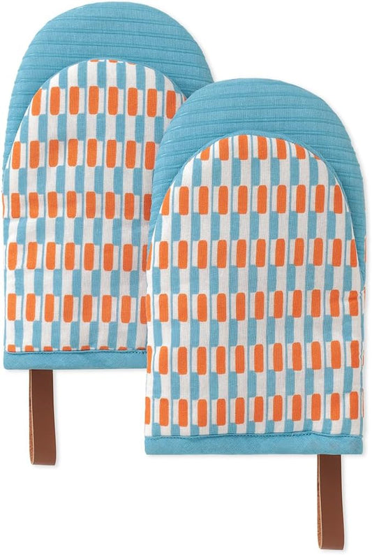 Folkulture Mini Oven Mitts Heat Resistant & Non Slip | (5.75 x 9) Set of 2 Blue Short Oven Mitts with Hanging Loop for Kitchen Decor | 100% Cotton Oven Gloves or Orange Kitchen Mittens Set