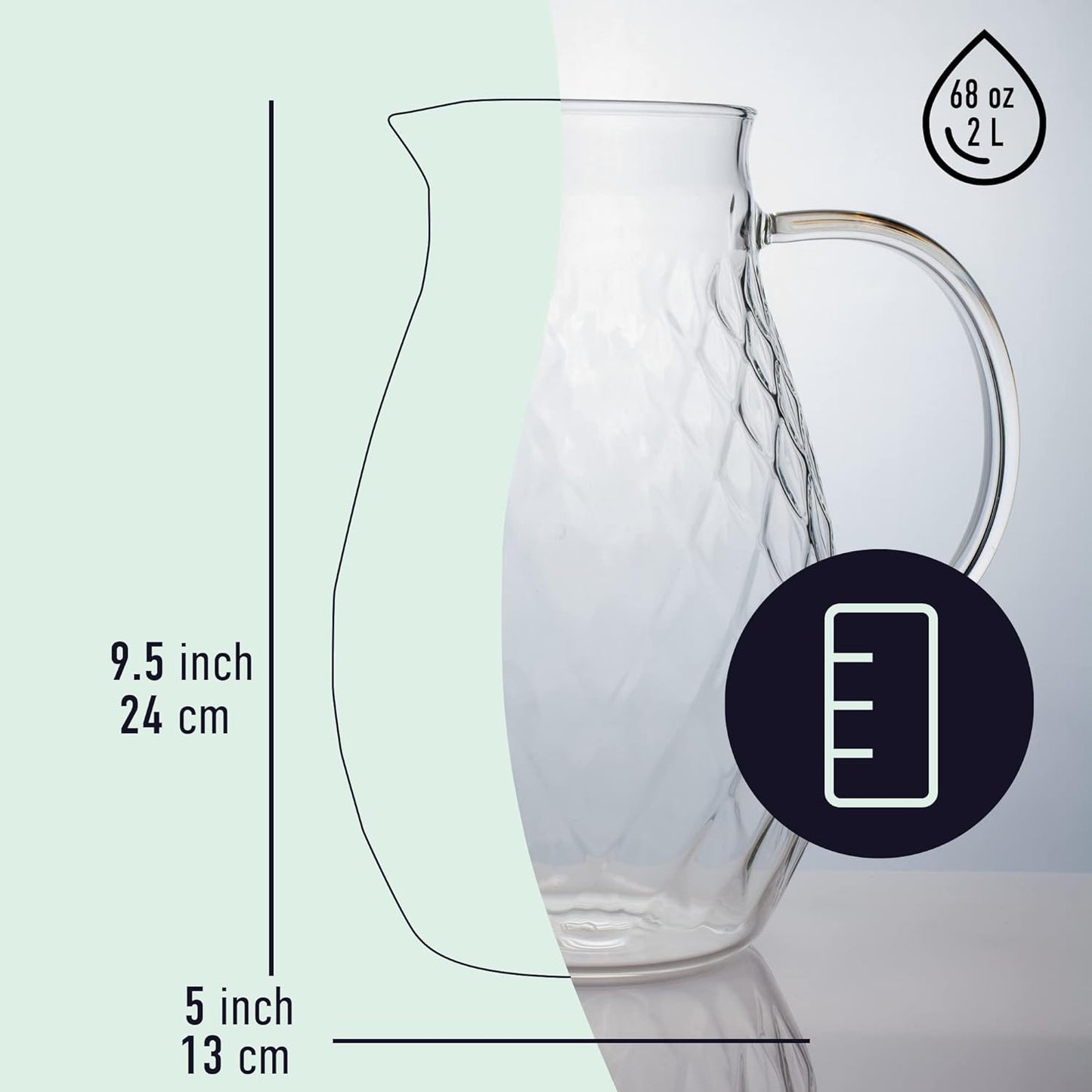 Glass Pitcher with Lid and Spout - 2 Liter / 68 oz, Borosilicate Glass w/Handle - Carafe for Hot/Cold Beverages - Water Jug - Iced Tea Pitcher - Juice Server - by PJC-Kitchen