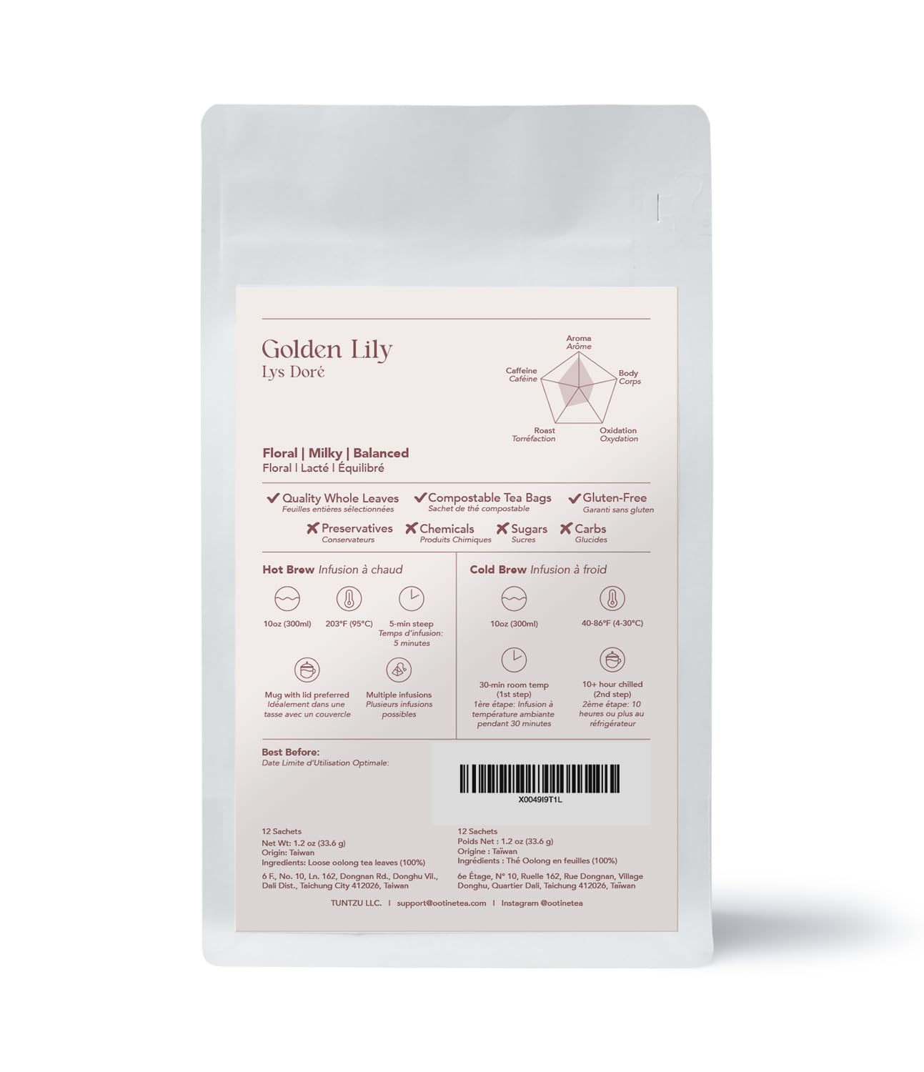 OOTINE, Golden Lily Taiwan Oolong Tea (12 Pyramid Sachets) | Floral and Milky Notes, Lightly Oxidized for A Taste Closer to Green/White Tea | Hand-Picked Quality Whole Leaves in Plant-Based Sachets | Perfect for After-Meal Digestion | Multiple Infusions