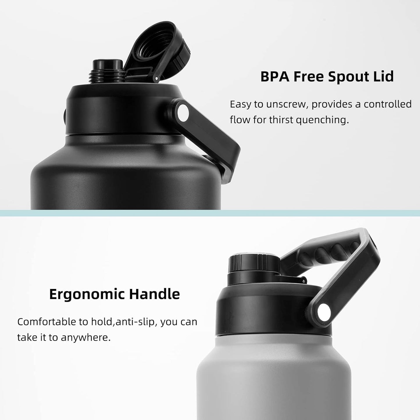 BJPKPK 64 oz Insulated Water Bottle, Dishwasher Safe Half Gallon Water Bottle with Ergonomic Handle, BPA Free Leak Proof Water Jug for Sports, Metal Thermos with Anti-slip Bottom, Black