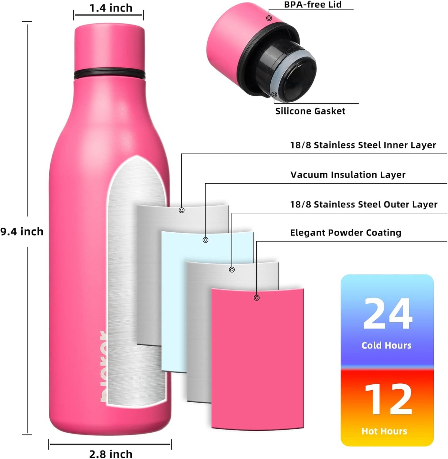 BJPKPK Insulated Water Bottles, 18 oz Stainless Steel Metal Water Bottle with Strap, BPA Free Leak Proof Thermos, Mugs, Flasks, Reusable Water Bottle for Sports & Travel, Pink