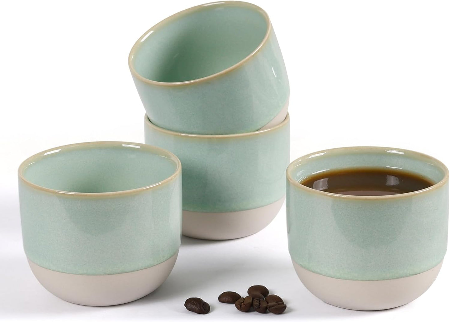 Ceramic Espresso Cups Set of 4, Double Walled Espresso Coffee Mugs for Nespresso Cups, Special glazed Demitasse Cups Coffee Cup for Machine (Green)