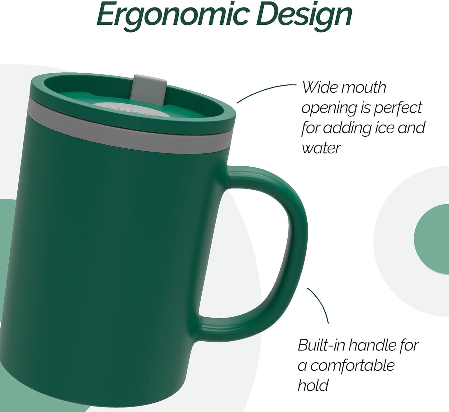 Copco Iconic 16oz Double Wall Insulated Desk Mug with Lid & Handle, Set of 2, BPA-Free Reusable Plastic, Spill-Proof, Microwave & Dishwasher Safe, Wide Mouth, Cup Holder Friendly (Green/Hunter Green)