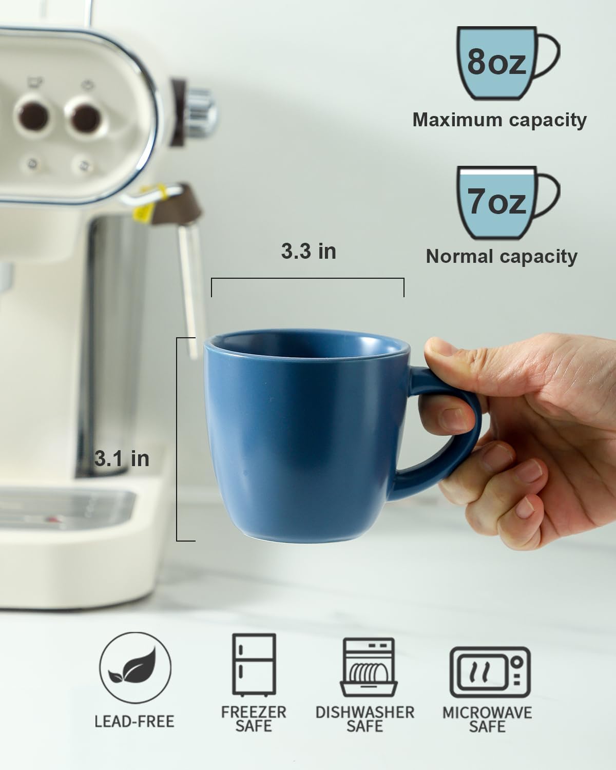 Hasense 7 Ounce Cappuccino Cups Set of 4 Perfect for Latte, Americano, Cafe Mocha and Tea, Ceramic Coffee Cups Ideal for Party Cafe Home and Kitchen, Microwave and Dishwasher safe, Blue