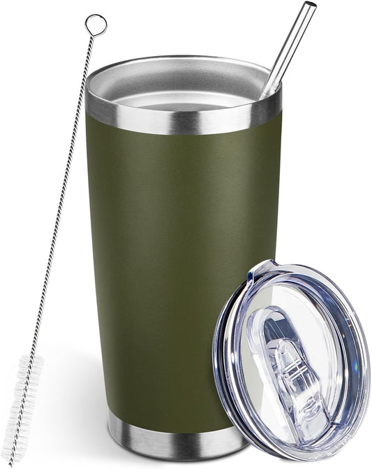 20oz Tumbler Bulk with Lid and Straw, Stainless Steel Double Wall Vacuum Insulated Travel Mug, Powder Coated Coffee Cups for Hot and Cold Drinks,Funny Gifts for Women Men(Navy Green,1)