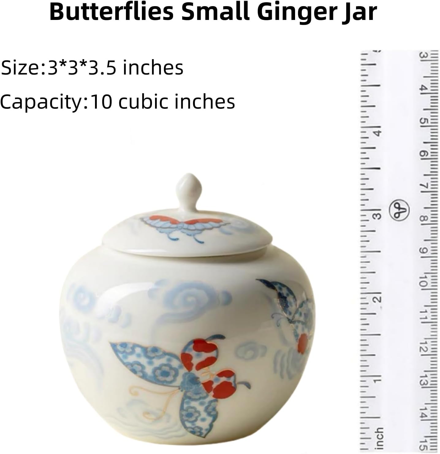 Butterflies Small Ginger Jar - 3.5 inches white decorative Ceramic Ginger jars with Lid， chinoiserie gift small jars for Home decor/jewelry/Tea/coffee beans/Storage