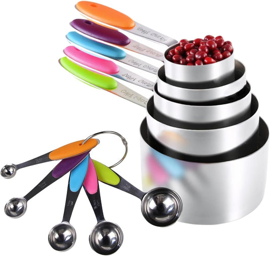 Inmorven 10pcs Measuring Cups and Spoons Set, Nesting Kitchen Stainless Steel Measuring Set for Baking Cooking Dry Liquid Ingredients Upgraded Thickness Handle