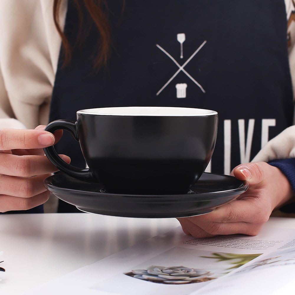 Double Espresso Coffee Cup and Saucer, Small Cappuccino and Speciality Coffee, New Bone China for Coffee Shop and Barista (Matte Black, 5 oz)