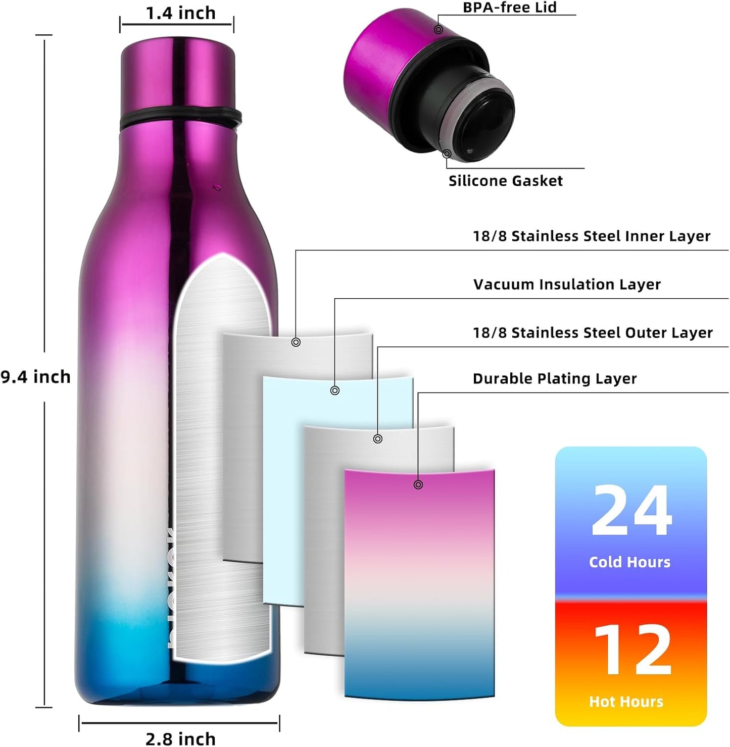 BJPKPK Insulated Water Bottles, 18 oz Stainless Steel Metal Water Bottle with Strap, BPA Free Leak Proof Thermos, Mugs, Flasks, Reusable Water Bottle for Sports & Travel, Wonderland