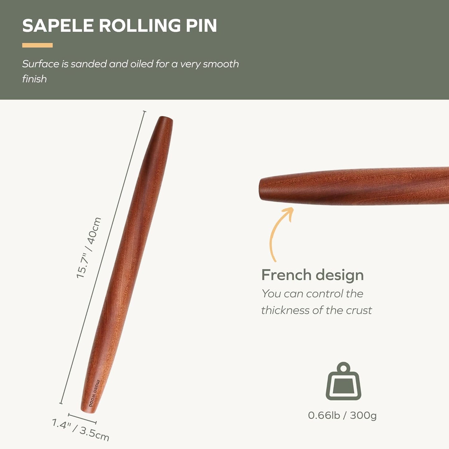 Muso Wood Sapele Wooden French Rolling Pin for Baking, Tapered Roller for Fondant, Pie Crust, Cookie, Pastry (French 15-3/4inch)
