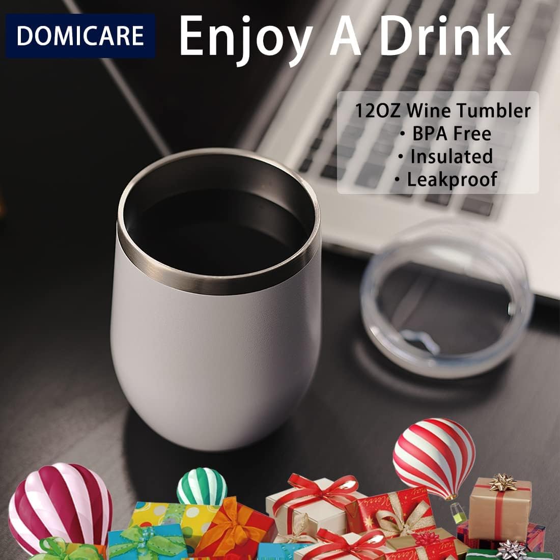 DOMICARE Stainless Steel Wine Tumbler Bulk with Lid, Personalized White Insulated Tumblers Set, 12oz Travel Coffee Cups Pack of 16