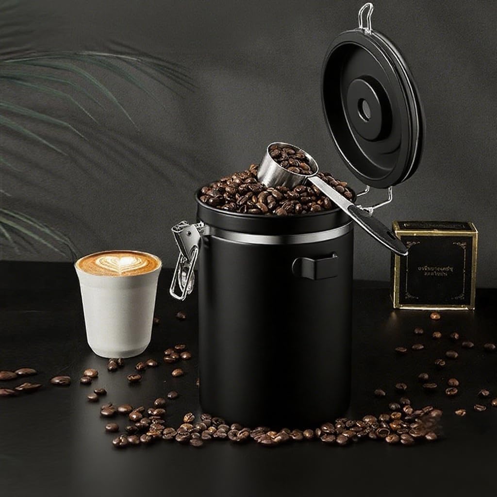 Coffee Canister with Window, 22OZ Airtight 304 Stainless Steel Food Storage Container, Home Kitchen Sugar Organizers Jar with Scoop for Beans, Rice,Tea, Flour, Cereal, Black