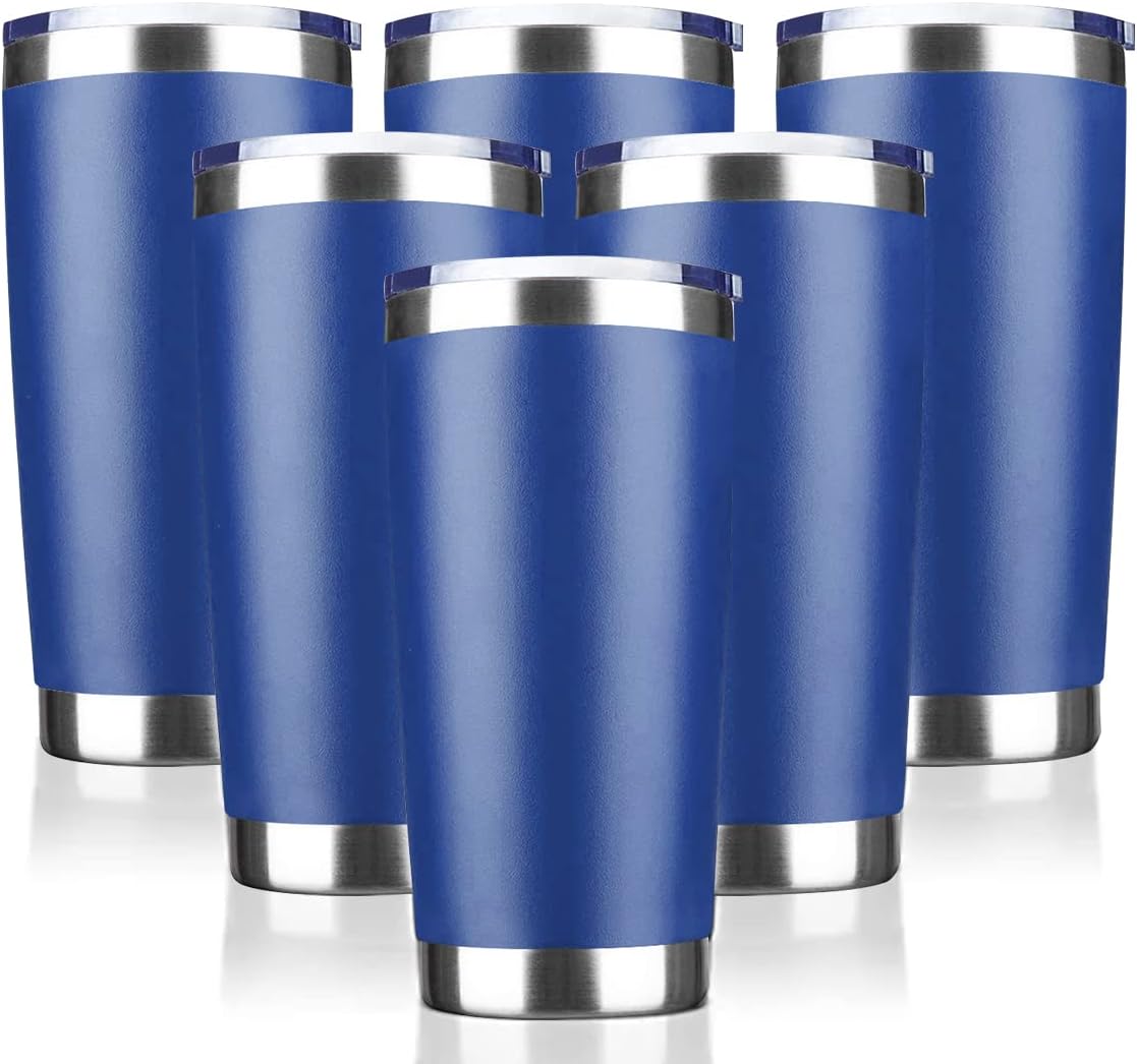 20oz Tumbler Stainless Steel Vacuum Insulated Mug with Lid, Double Wall Travel Mug, Durable Powder Coated Coffee Cup, Suitable for Ice Drinks and Hot Beverage (New Blue 6 pack)
