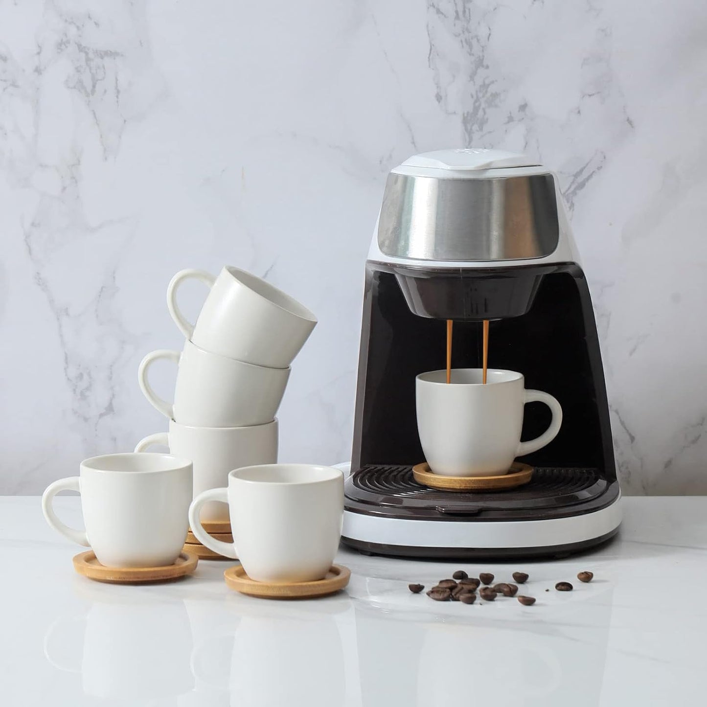 Hasense 3 Ounce Espresso Cups and Saucers Set of 6, Demitasse Cups with Handle for Coffee Drinks, Latte, Cappuccino, Cafe Mocha and Tea, Porcelain Coffee Cups for Coffee Bar Home and Party, White