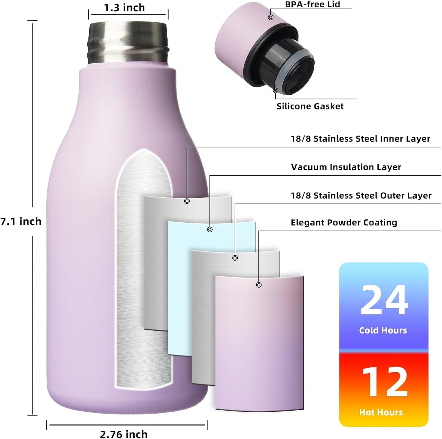 BJPKPK Insulated Water Bottles, 12oz Stainless Steel Metal Water Bottle with Strap, BPA Free Leak Proof Thermos, Mugs, Flasks, Reusable Water Bottle for Sports & Travel, Dreamy Purple
