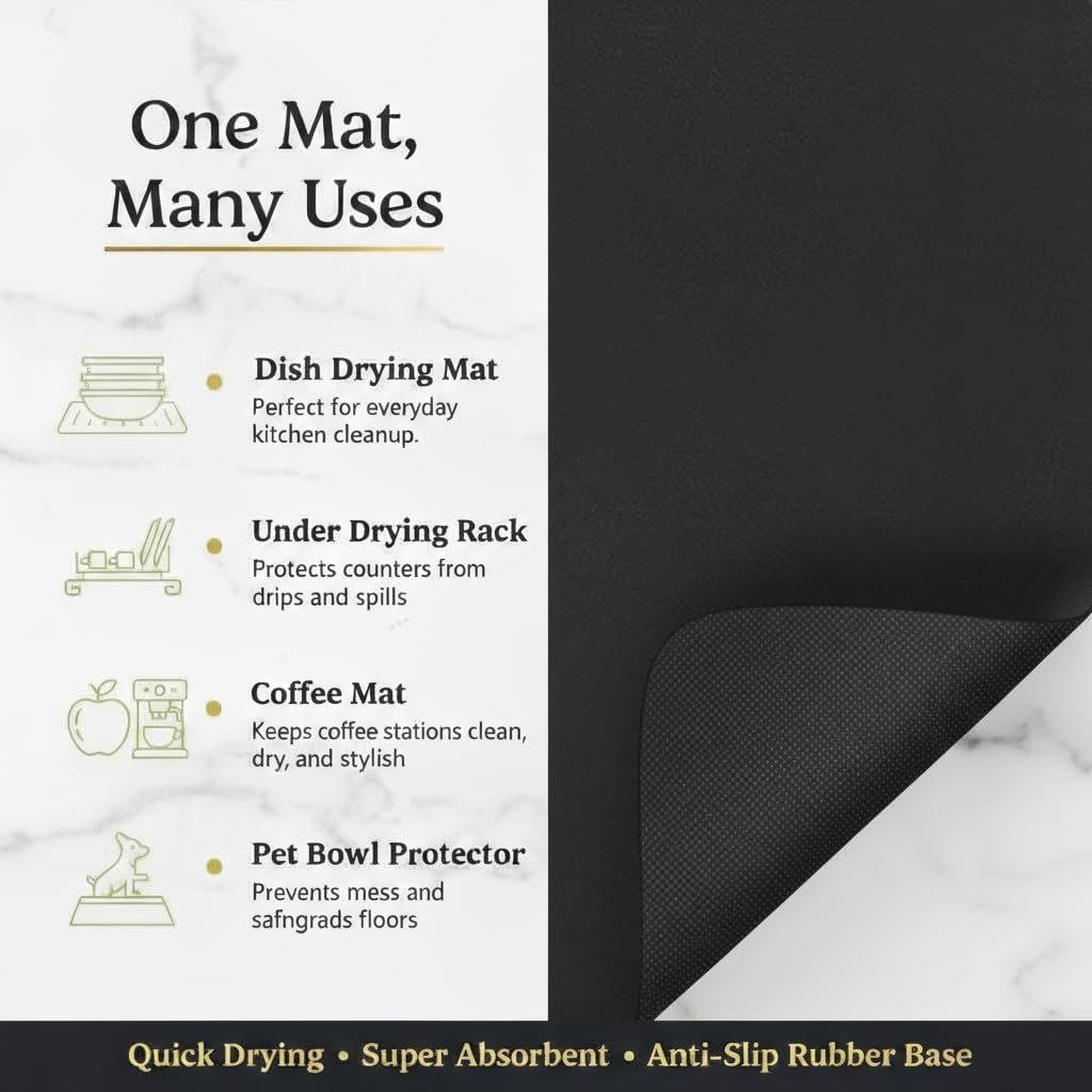 Dish Drying Mat Super Absorbent – 16" x 12" Coffee Mat for Countertops – Non-Slip Drying Mat for Kitchen Counter – Easy to Clean Water Absorbent Mat – Quick Dry Dish Drying Mats (Black)