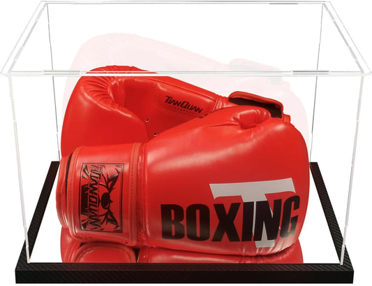 Clear Boxing Glove Display Case Acrylic Display case for Full Size Boxing Glove Boxing Glove Storage Box Dustproof UV Protection Cabinet with Carbon Fiber Skin Base and Removable Mirror Base
