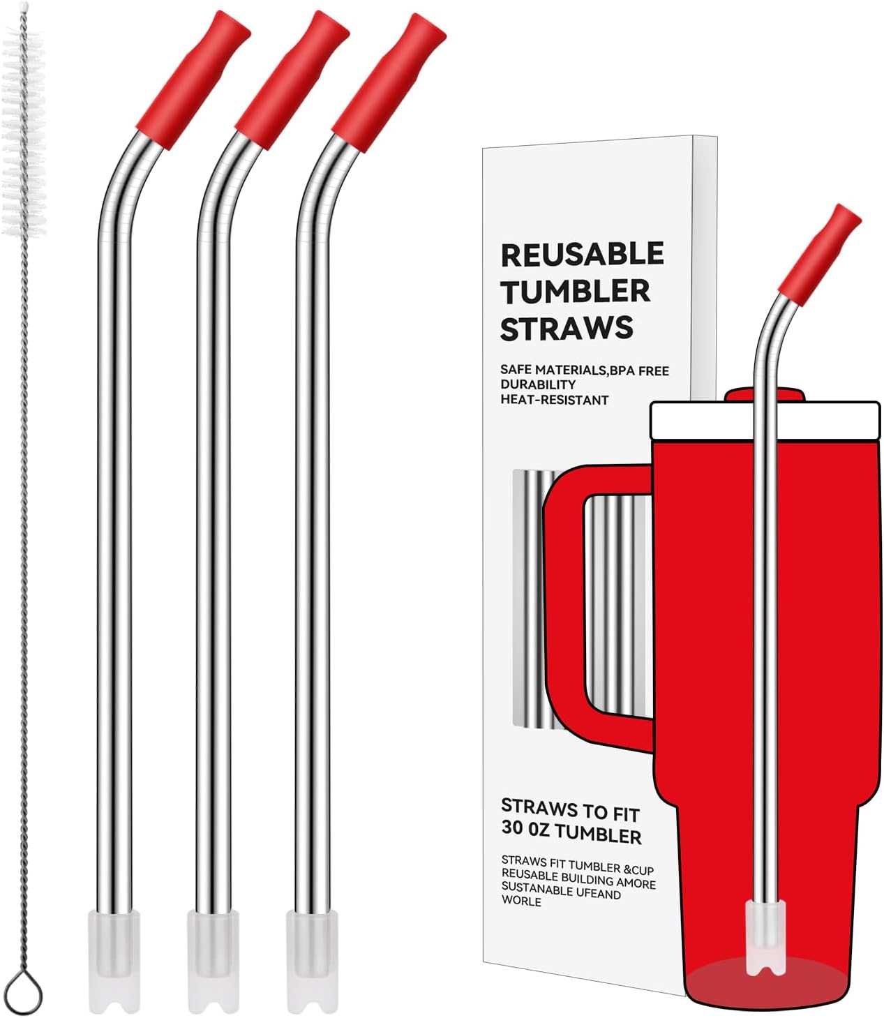 Reusable Stainless Steel Straws with Silicone Tip for Stanley 30oz, Metal Drinking Straws for 30oz Tumbler,3 Bent Tubes & 6 Tips& 1 Cleanr Brush (Chili)