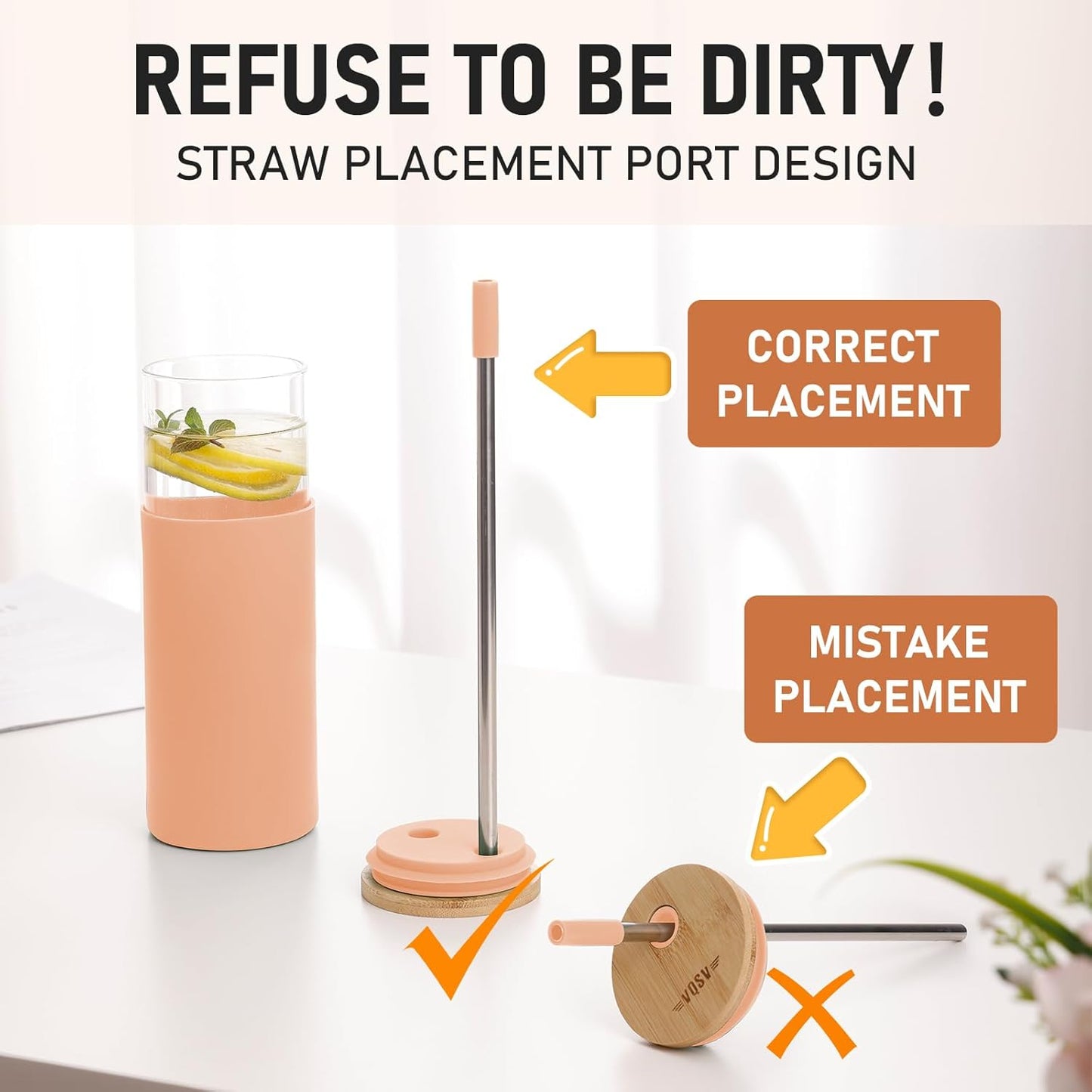 Glass Tumbler w/Lids & Straw:24oz Reusable Mug w/Bamboo Lid,Stainless Steel Straw, BPA-Free, Leak-Proof, Dishwasher Safe for Coffee, Smoothies, Hot Beverages,Travel,Office,Home Use,4-PK,Amber