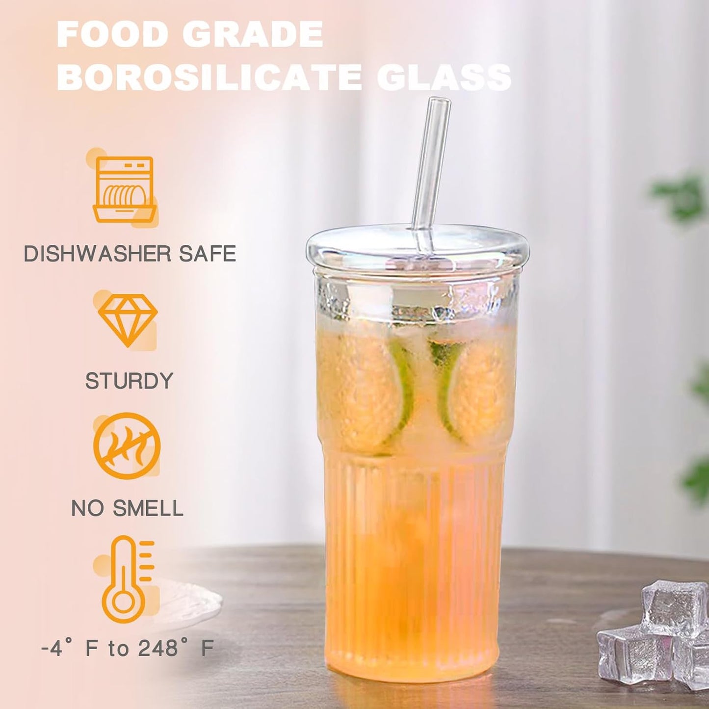 Glass Cups with Lids and Straws, 20 OZ Multi Iced Coffee Glasses Tumblers for Ice Water, Juice, Tea, Milk, Smoothie and Cold or Hot Drinks, Set of 2