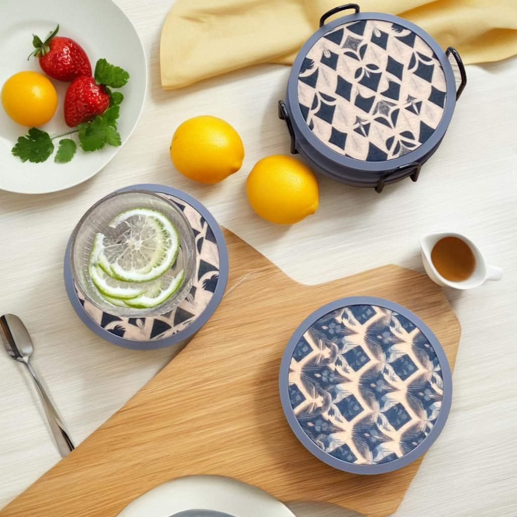 Absorbent Coasters for Drinks with Holder - 6packs, Silicone Coaster with Soft Felt Insert (4.3 inch Coasters with 4.5 inch Holder, Dual-Sided Ears of Wheat Artistry)