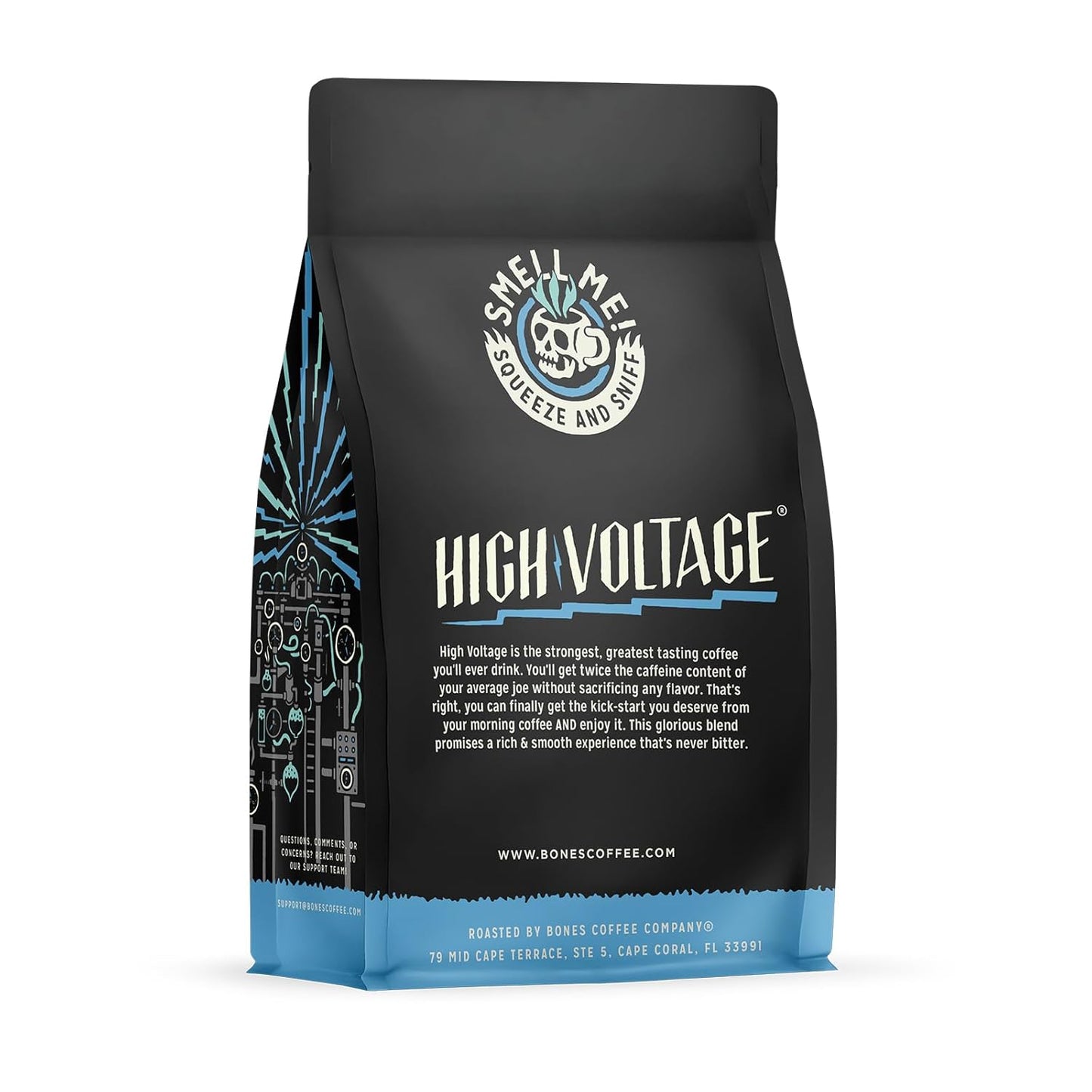 Bones Coffee Company High Voltage, Highly Caffeinated Unflavored Coffee, Medium Roast Low Acid Arabica Beans Compatible with Auto drip and French Press Coffee Maker, 12 Oz Ground